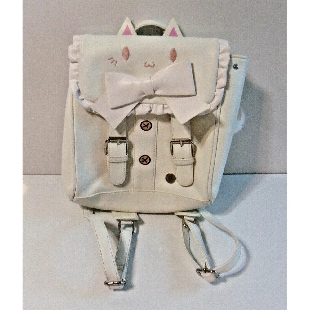 Women's Girl's Backpack Bag Purse White Medium Student Kitty Cat Straps Bow